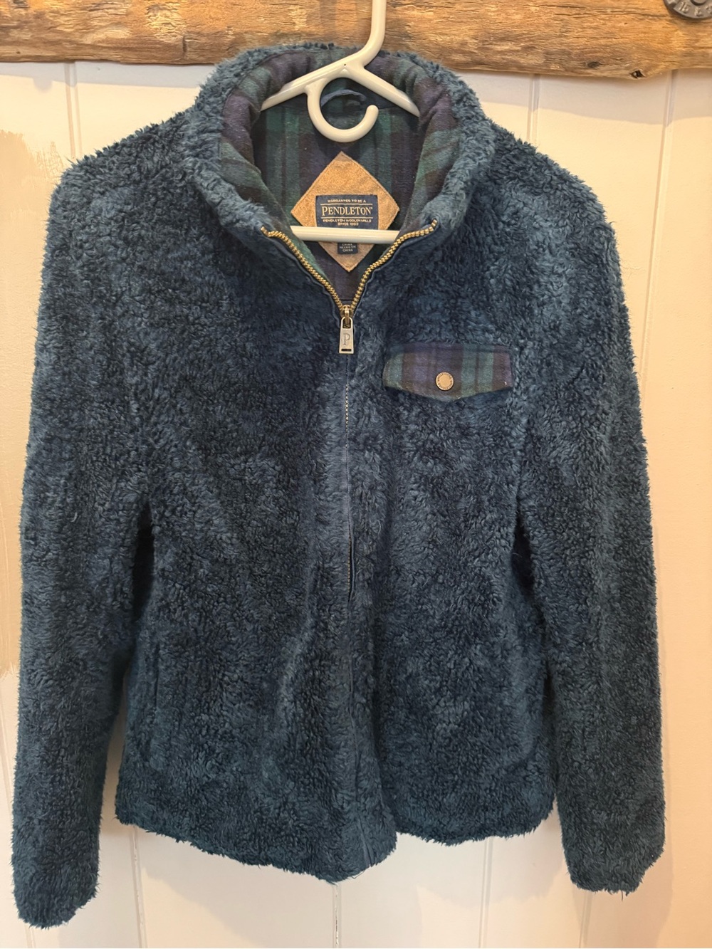 Pendleton Blue Sherpa Zip Jacket with Plaid Trim
